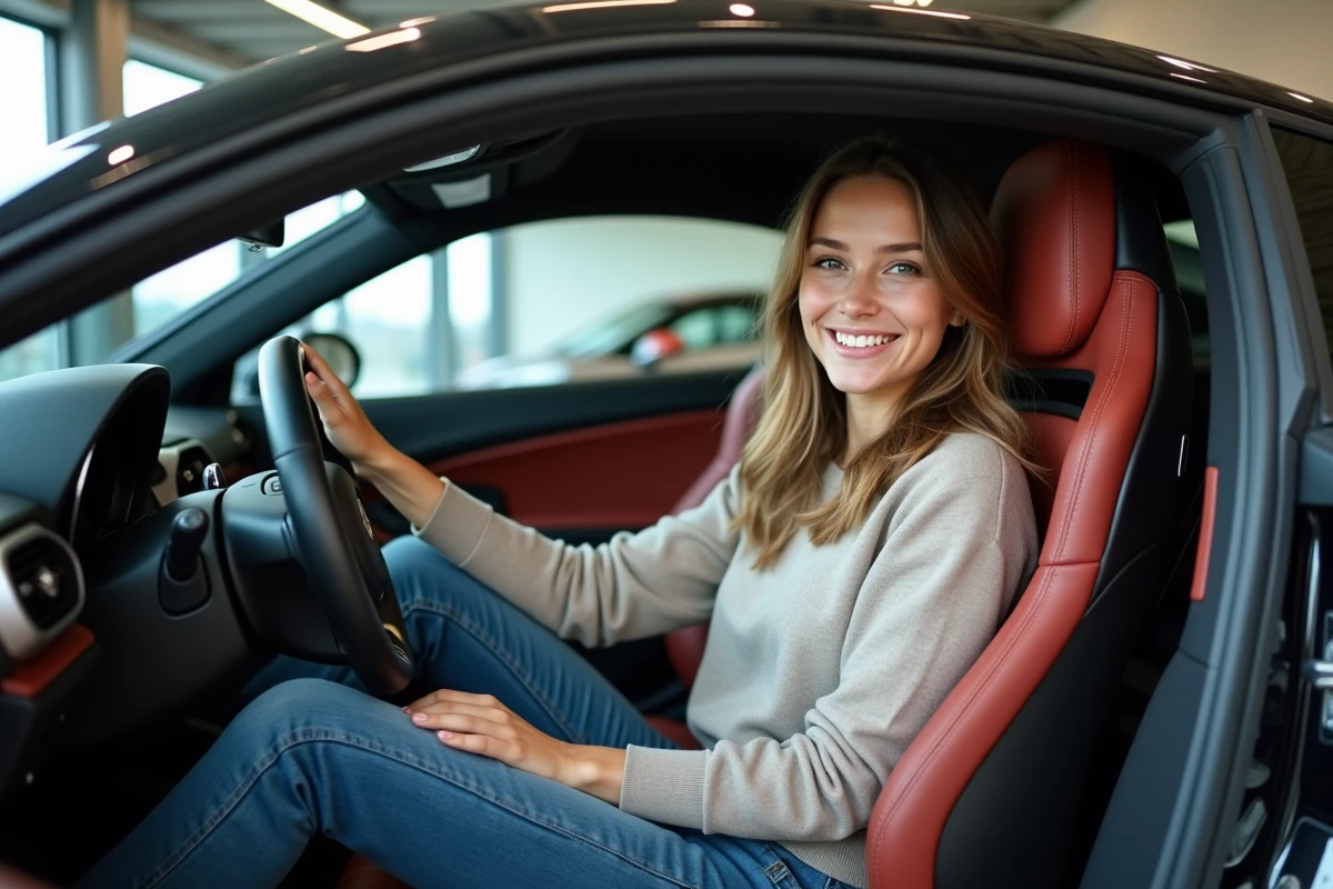 Femme souriante dans une voiture de luxe en showroom
