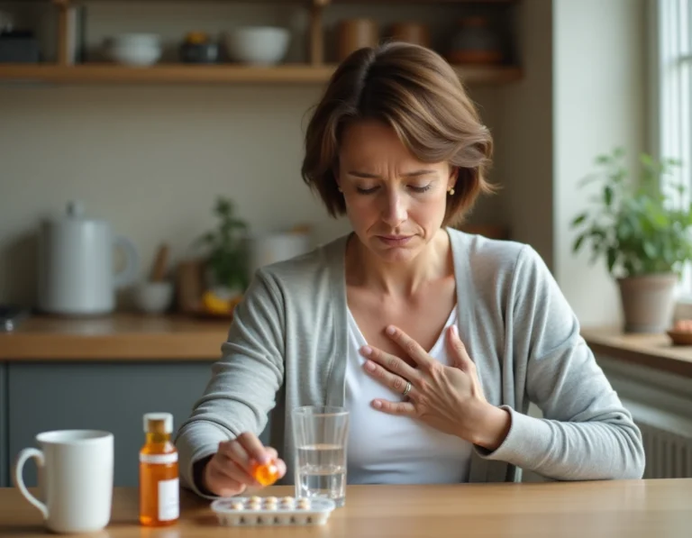 Femme d'une cinquantaine d'années tenant un flacon de médicament thyroïdien à la cuisine, expression préoccupée, evoquant les effets d'un surdosage de Levothyrox