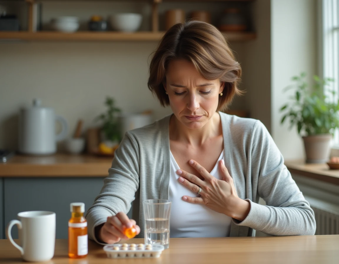 Femme d'une cinquantaine d'années tenant un flacon de médicament thyroïdien à la cuisine, expression préoccupée, evoquant les effets d'un surdosage de Levothyrox