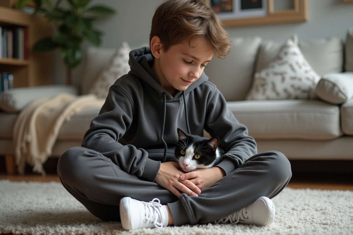 Garçon méditerranéen caressant un chat dans le salon
