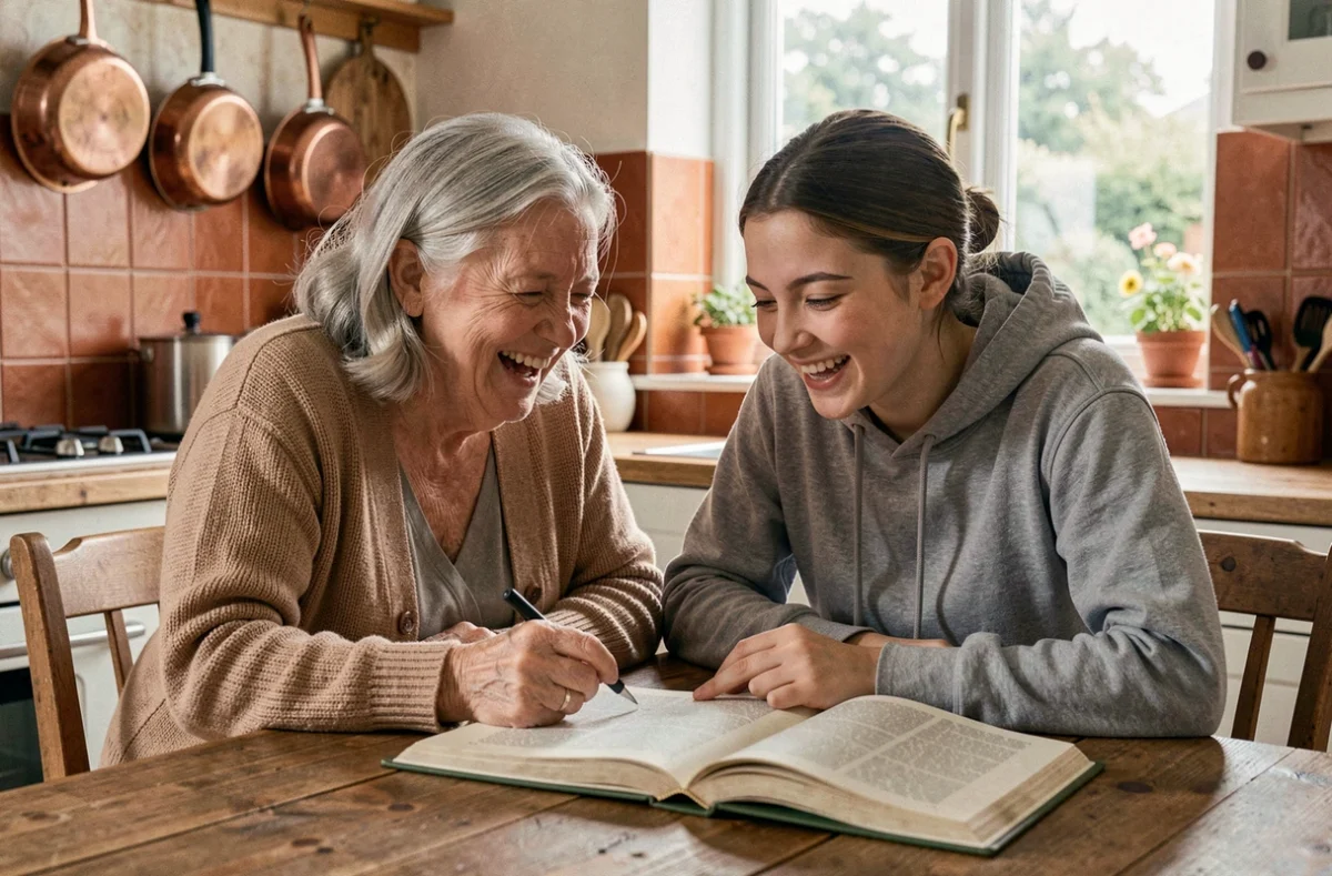 Une grand-mère et sa petite-fille partagent un moment complice en cuisine, illustrant les liens intergénérationnels au quotidien