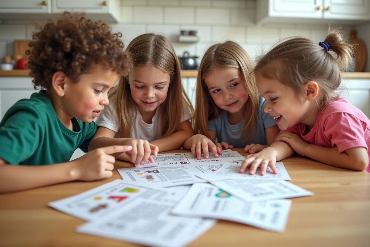 Groupe d'enfants autour d'une table résolvant des indices de chasse au trésor imprimés