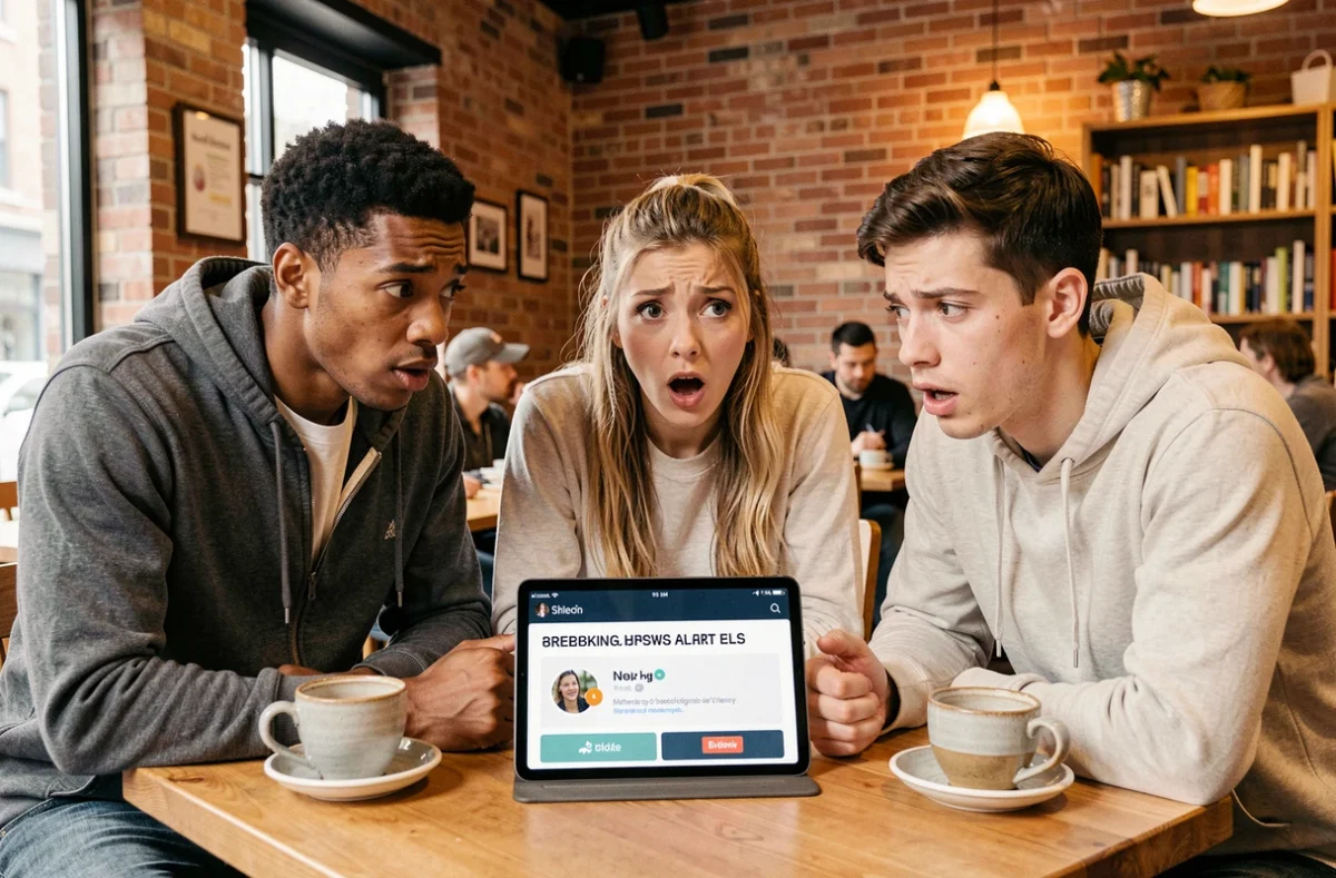 Groupe de jeunes adultes réagissant à une alerte d'actualité en temps réel sur une tablette dans un café