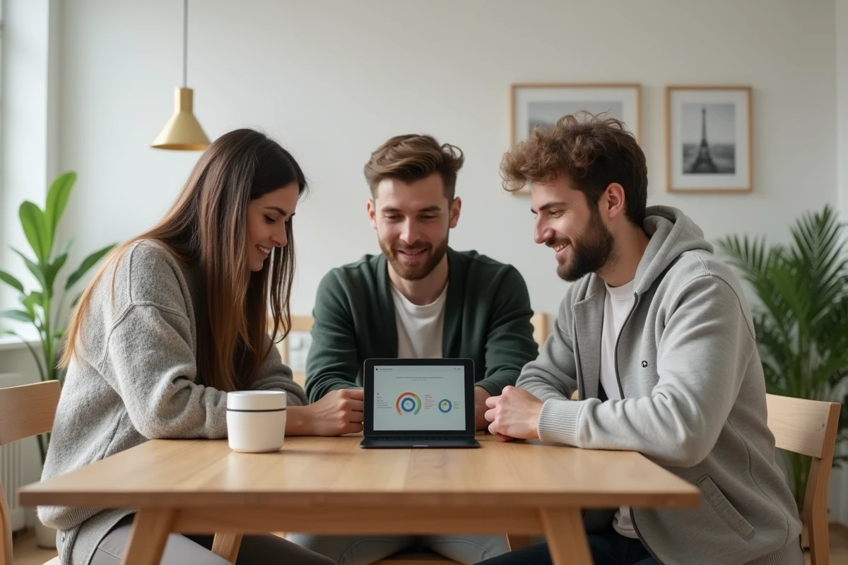 Groupe de jeunes professionnels découvrant un appareil connecté à intelligence artificielle dans un appartement scandinave