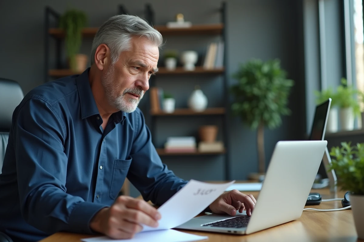 Homme consultant un annuaire téléphonique inversé gratuit sur ordinateur pour identifier un numéro de téléphone inconnu