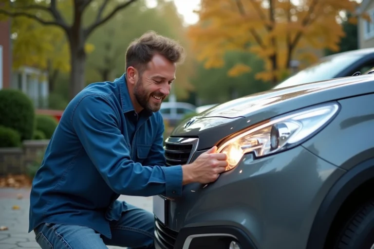 Homme changeant un phare sur une Peugeot 2008 en extérieur