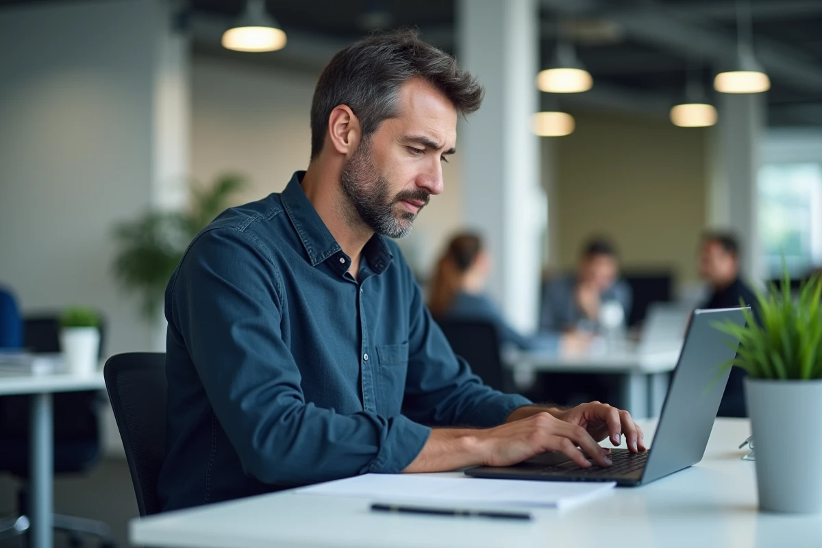 Homme en chemise bleue qui relit et corrige un texte en français sur un ordinateur portable dans un bureau moderne