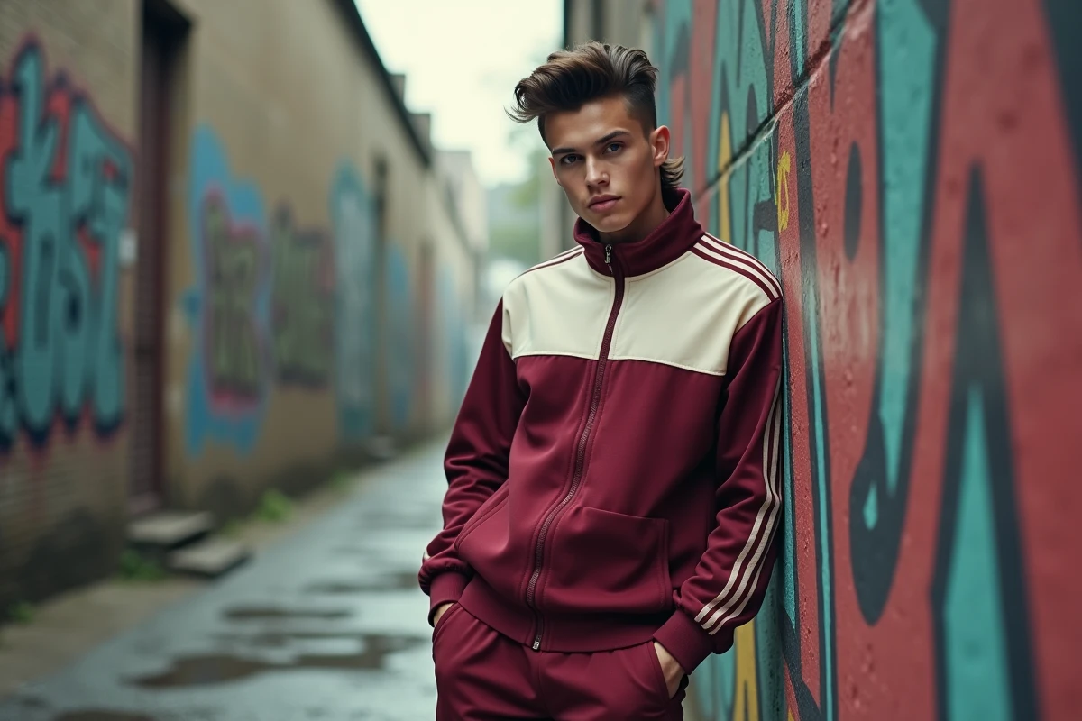 Jeune homme avec coupe mulet moderne et tenue rétro sportswear dans un décor urbain