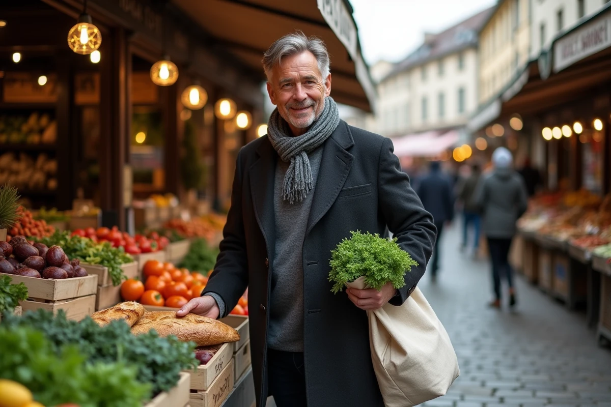 Homme portant des sacs de courses remplis de légumes frais sur un marché en plein air français