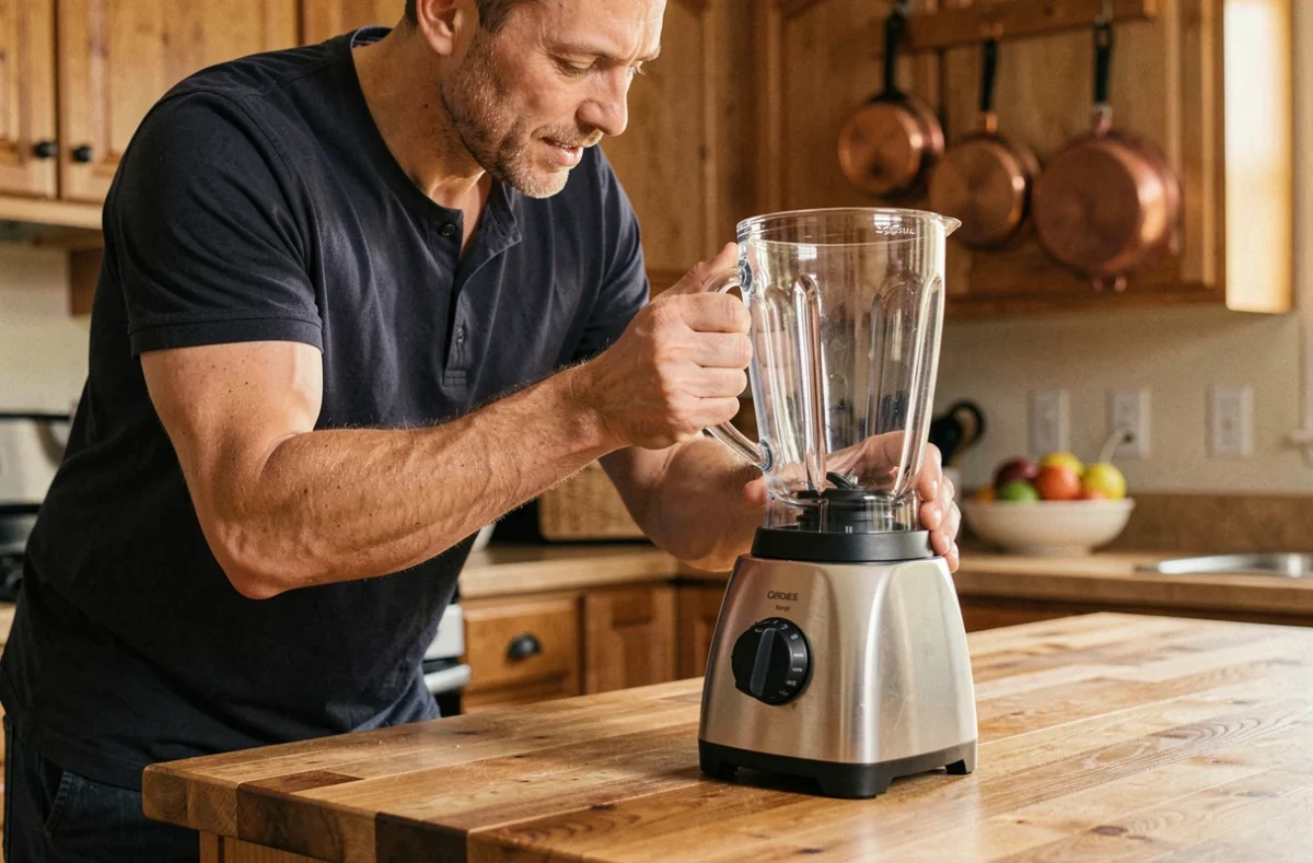 Homme démontant la base d'un blender chauffant pour diagnostiquer la panne dans sa cuisine