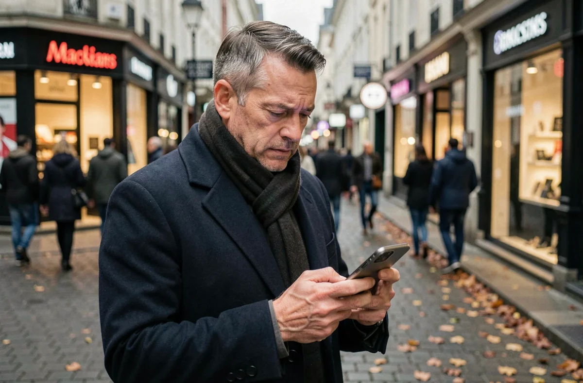 Homme lisant les informations en temps réel sur son smartphone dans une rue animée de la ville