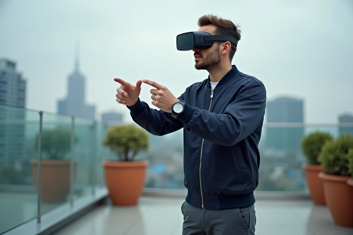Homme testant des lunettes de réalité augmentée sur un toit urbain avec skyline en arrière-plan