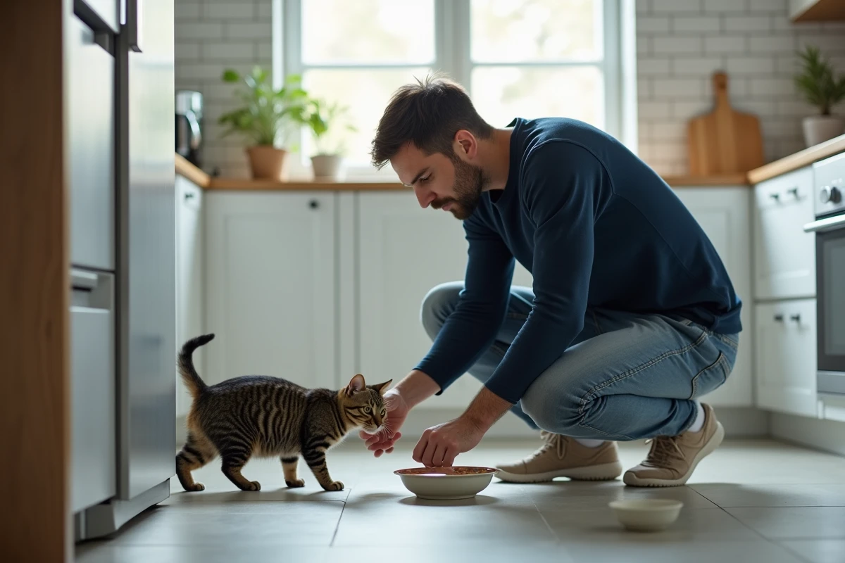 Homme nourrissant son chat tigré avec une gamelle en céramique dans une cuisine moderne, alimentation saine de l'animal