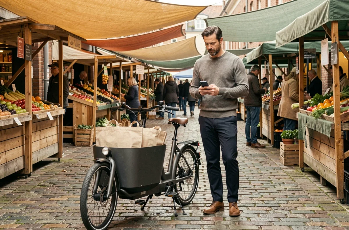 Homme avec un vélo cargo électrique au marché fermier urbain, illustration du mode de vie durable et de la consommation responsable