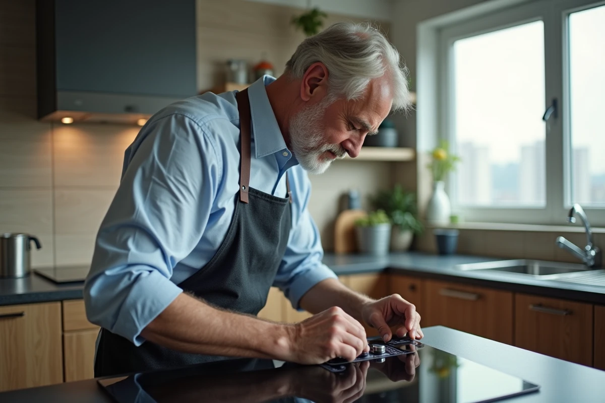 Homme inspectant une plaque induction dans une cuisine moderne