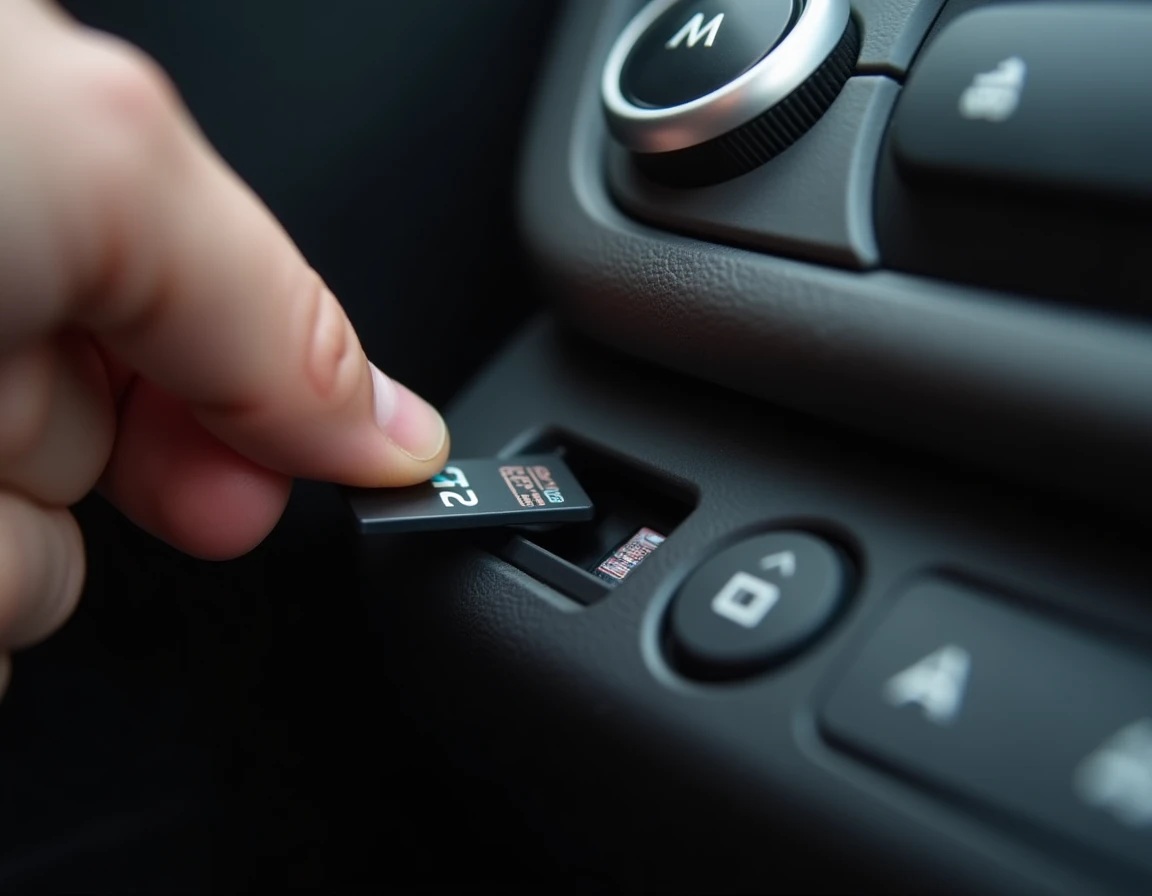 Insertion d'une carte SD dans la console centrale d'une Citroën C3 Aircross pour mise à jour du GPS