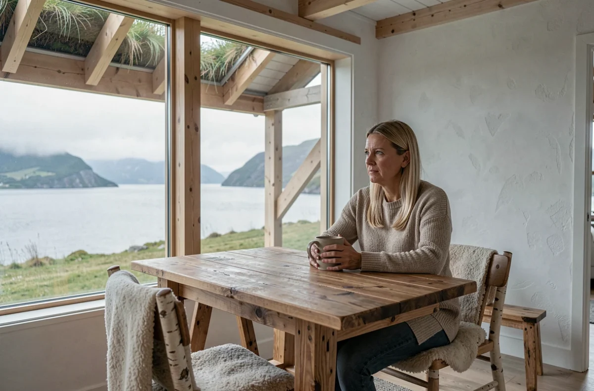 Femme assise dans l'intérieur chaleureux d'une maison norvégienne moderne à toit végétalisé avec vue sur un fjord brumeux