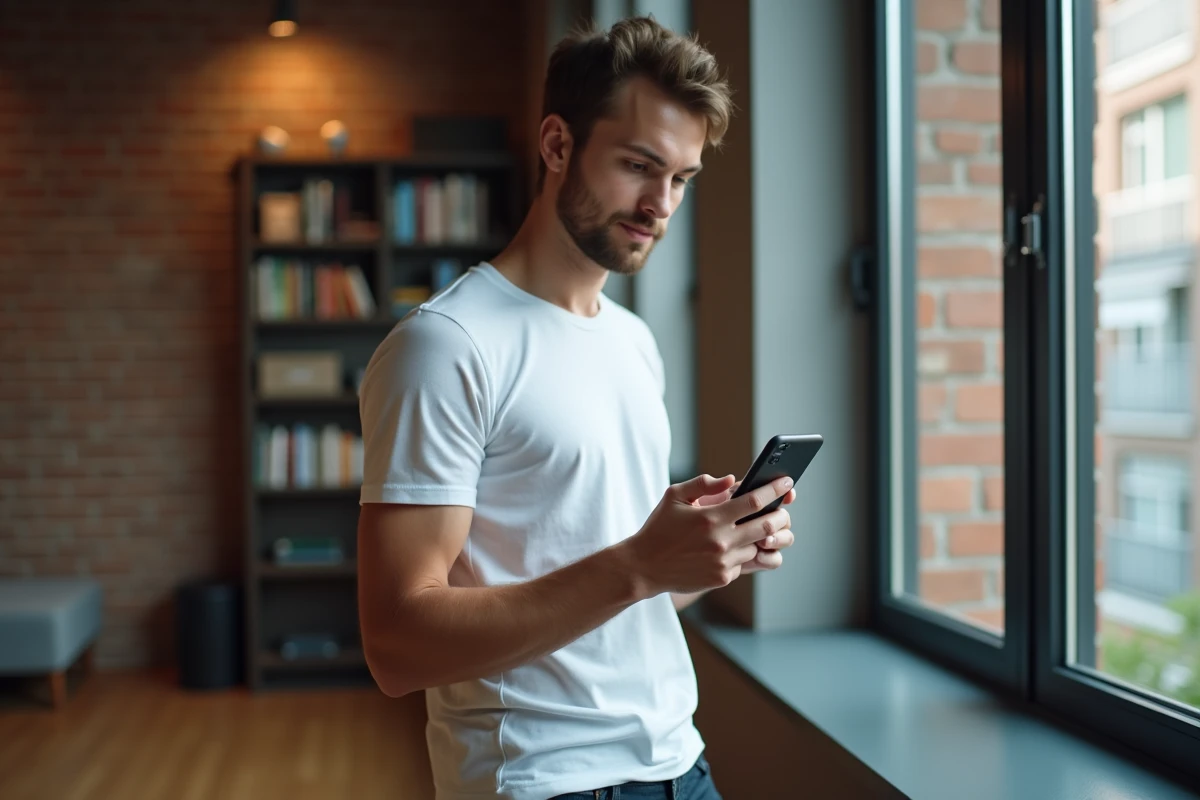 Jeune adulte utilisant une application d'annuaire inversé sur smartphone pour retrouver l'identité d'un numéro inconnu