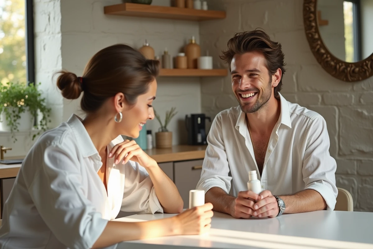 Jeune couple découvrant des produits de soin dans un appartement lumineux