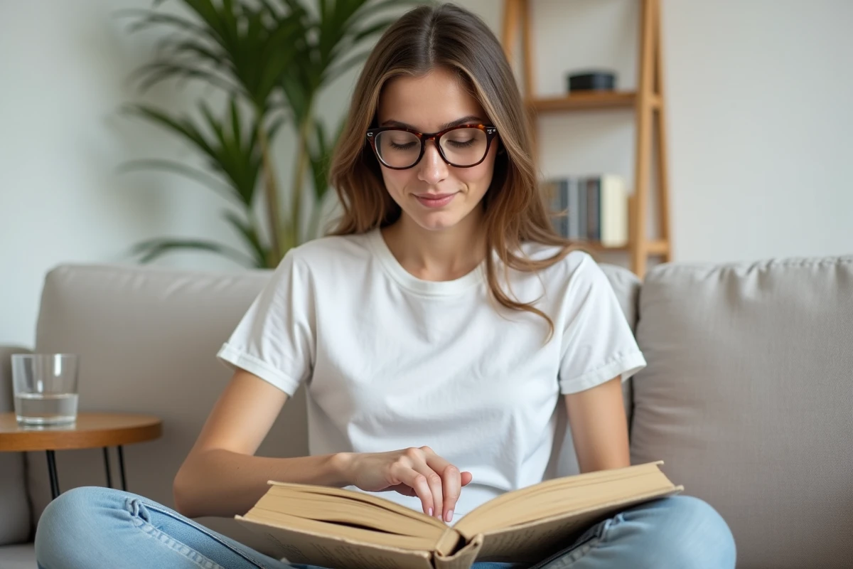 Jeune femme avec des lunettes qui consulte un guide d'orthographe française assise sur un canapé dans un salon minimaliste