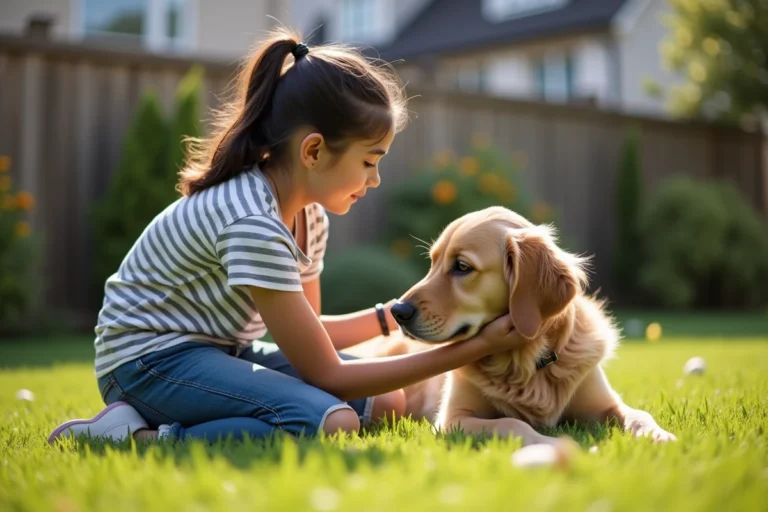 Jeune fille de 15 ans jouant avec un retriever dans un jardin