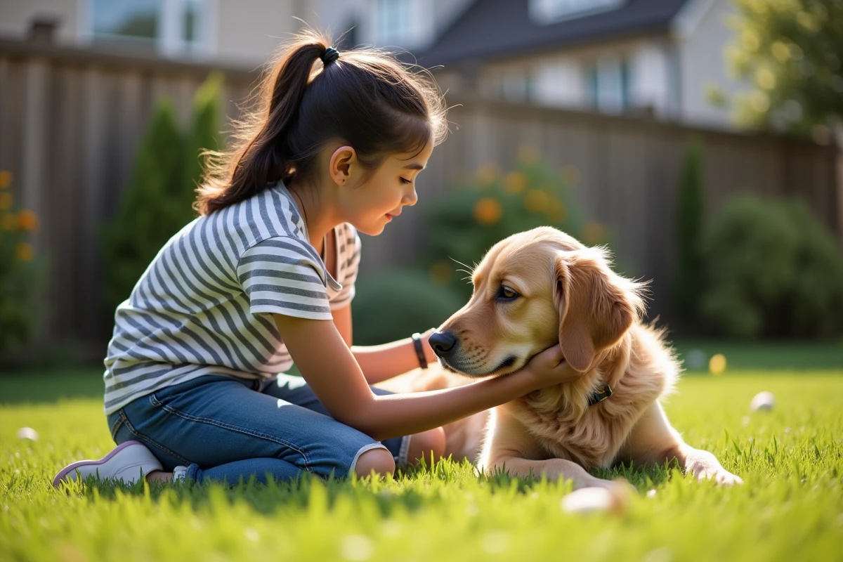 Jeune fille de 15 ans jouant avec un retriever dans un jardin