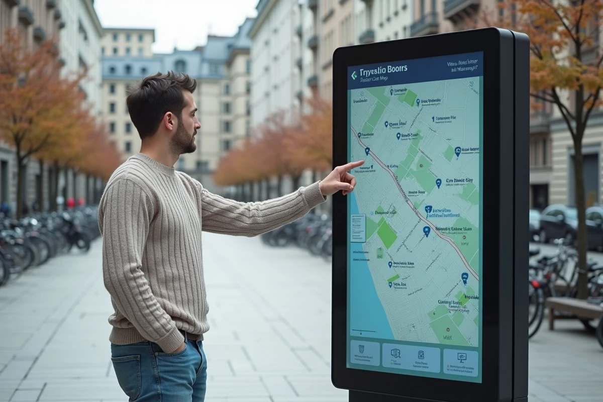 Jeune homme pointe une carte numérique en extérieur