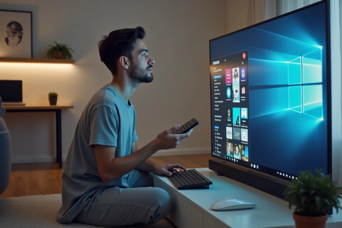 Jeune homme configurant une télévision avec clavier sans fil