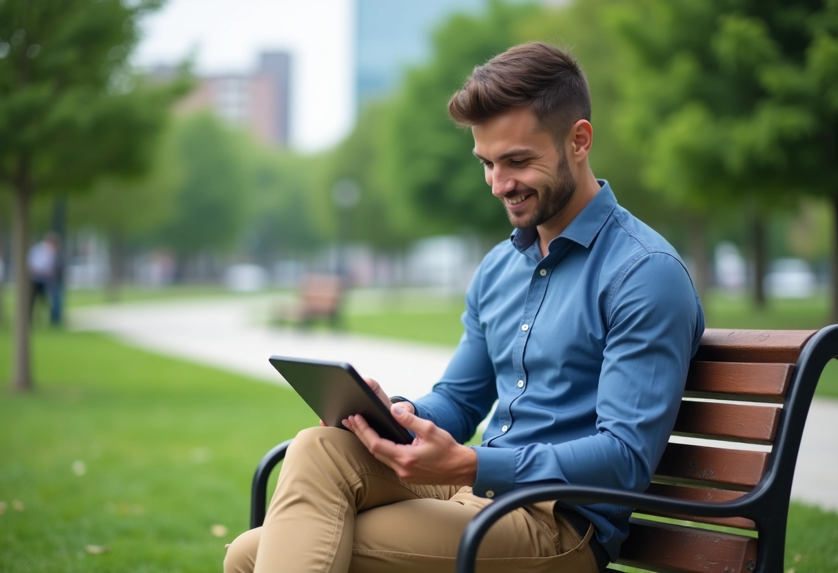 Jeune homme souriant vérifiant des graphiques d