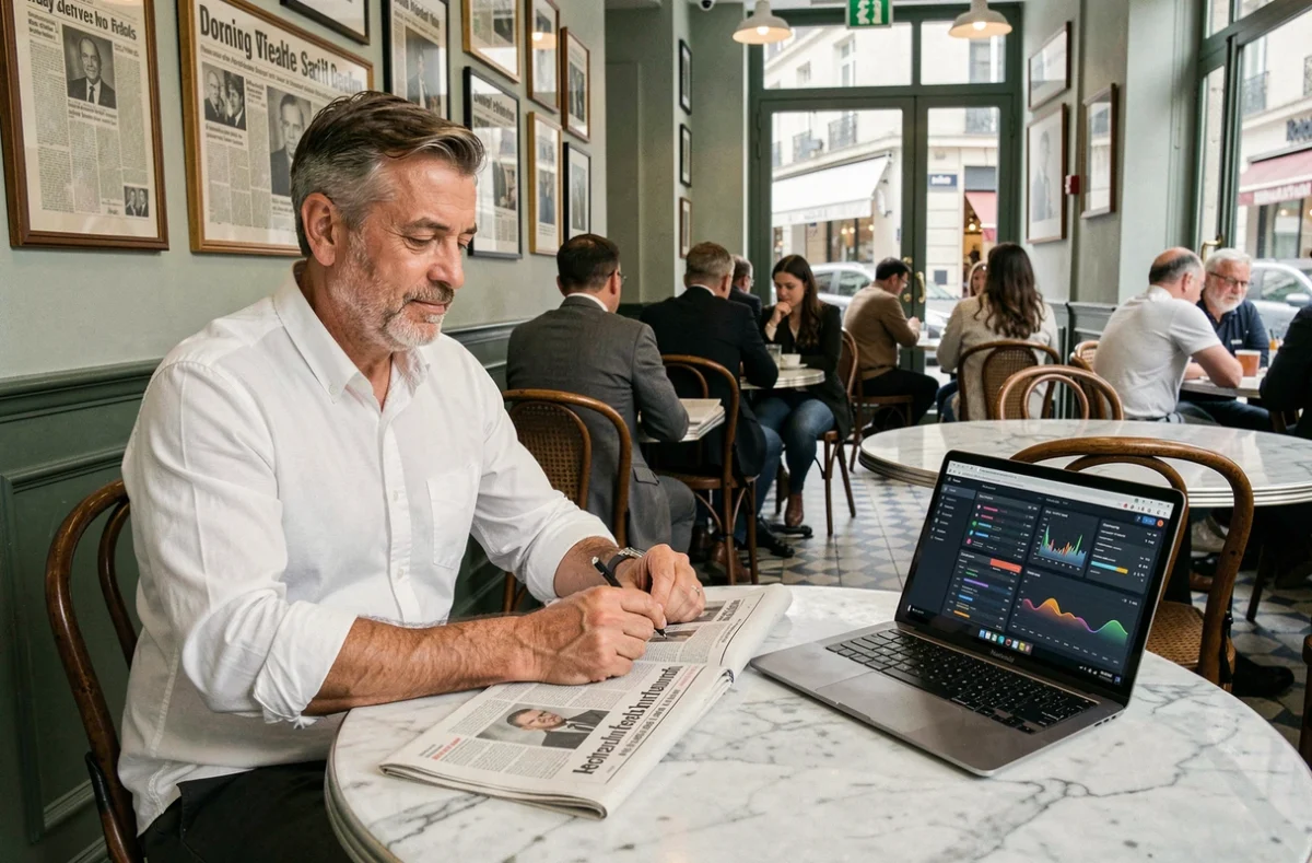 Journaliste comparant presse papier et données numériques dans un café parisien