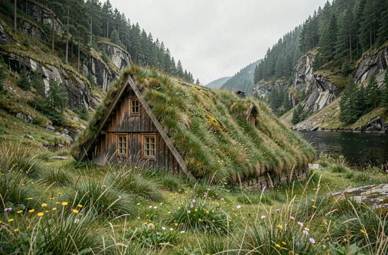 Maison traditionnelle norvégienne à toit enherbé dans une vallée de fjord entourée de forêts de pins et de fleurs sauvages