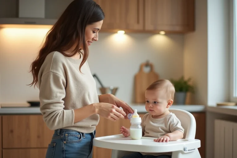 Jeune maman prépare un biberon dans la cuisine chaleureuse