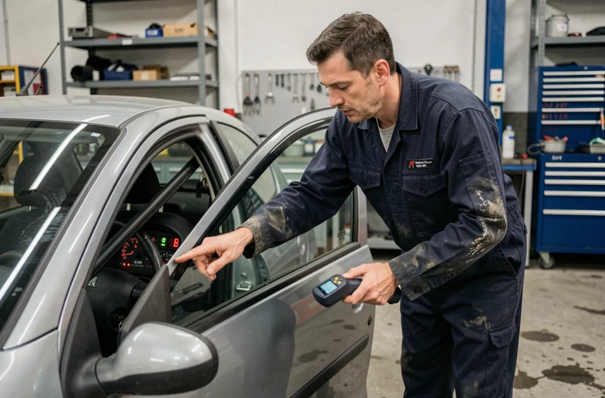 Mécanicien diagnostiquant les voyants du tableau de bord d'une Peugeot 206 dans un garage
