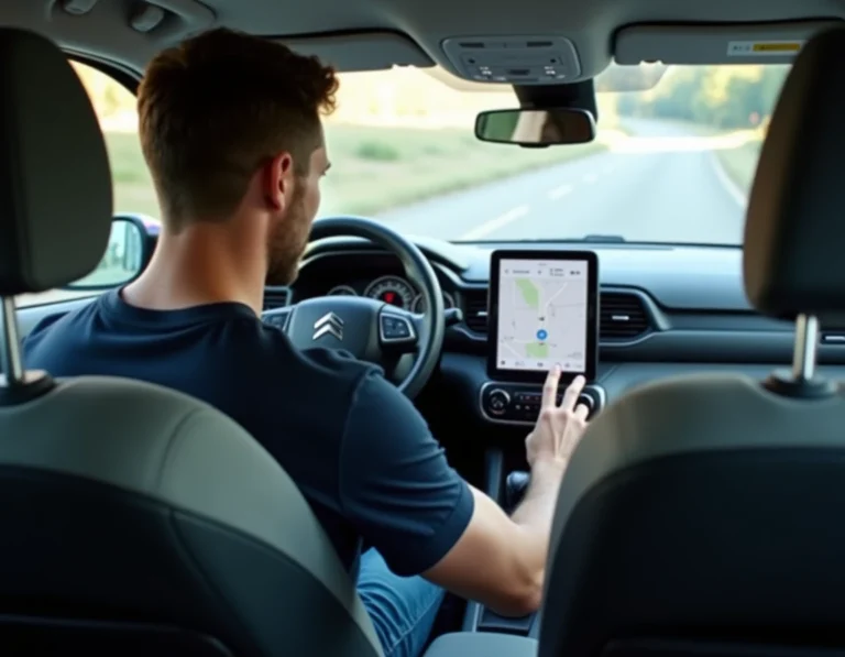 Homme mettant à jour le GPS de sa Citroën C3 Aircross depuis l'écran tactile central