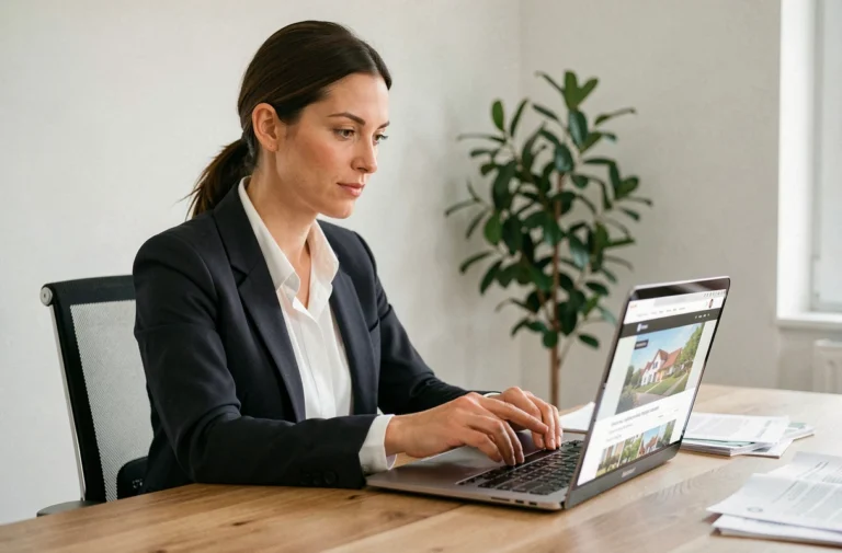 Femme professionnelle naviguant sur un plan de site immobilier depuis son bureau à domicile