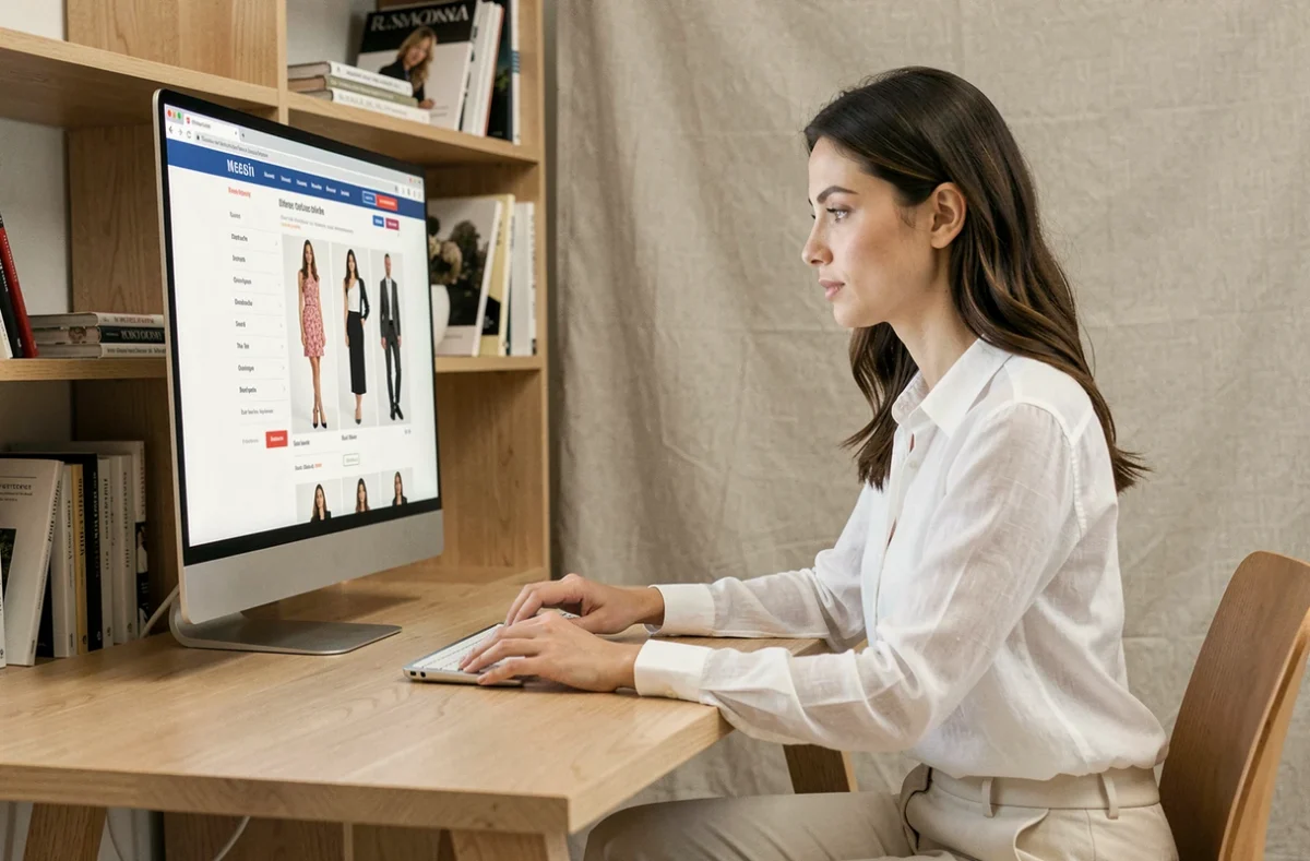 Femme naviguant sur un site de mode depuis un bureau minimaliste en bois clair, illustrant la navigation intuitive d'un e-commerce fashion