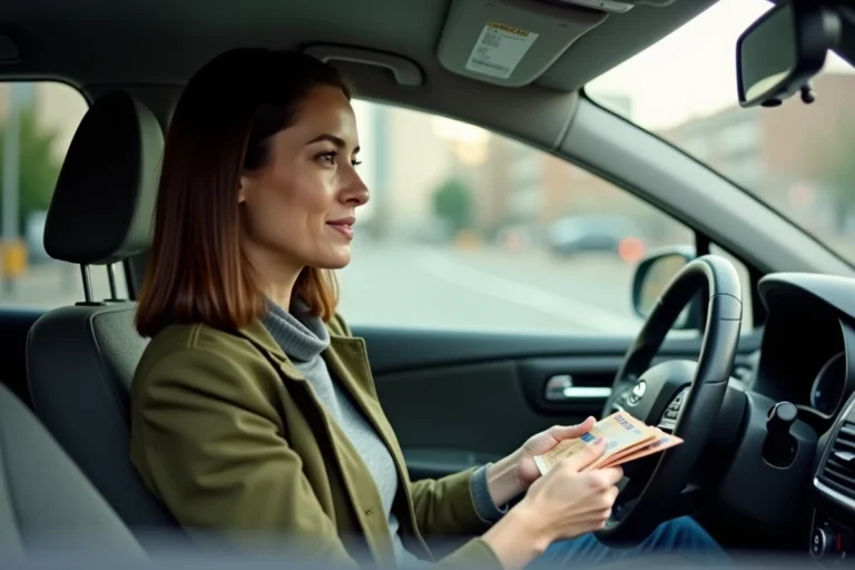 Passagère remettant des billets en euros à un conducteur lors d'un covoiturage Blablacar en liquide