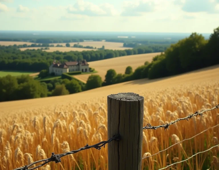 Vaste paysage agricole français avec champs et forêts illustrant la grande propriété foncière en France