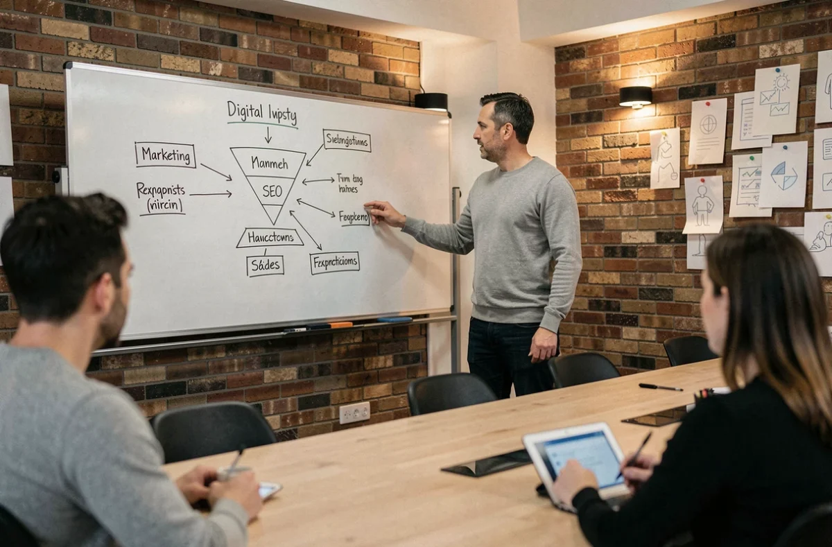 Un professionnel présente une stratégie de visibilité web sur un tableau blanc lors d'une réunion d'équipe en agence digitale