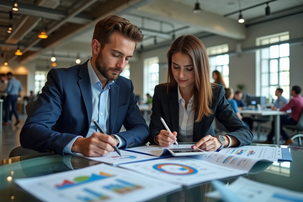 Deux professionnels de l'immobilier analysant un portfolio de propriétés dans un espace de travail moderne