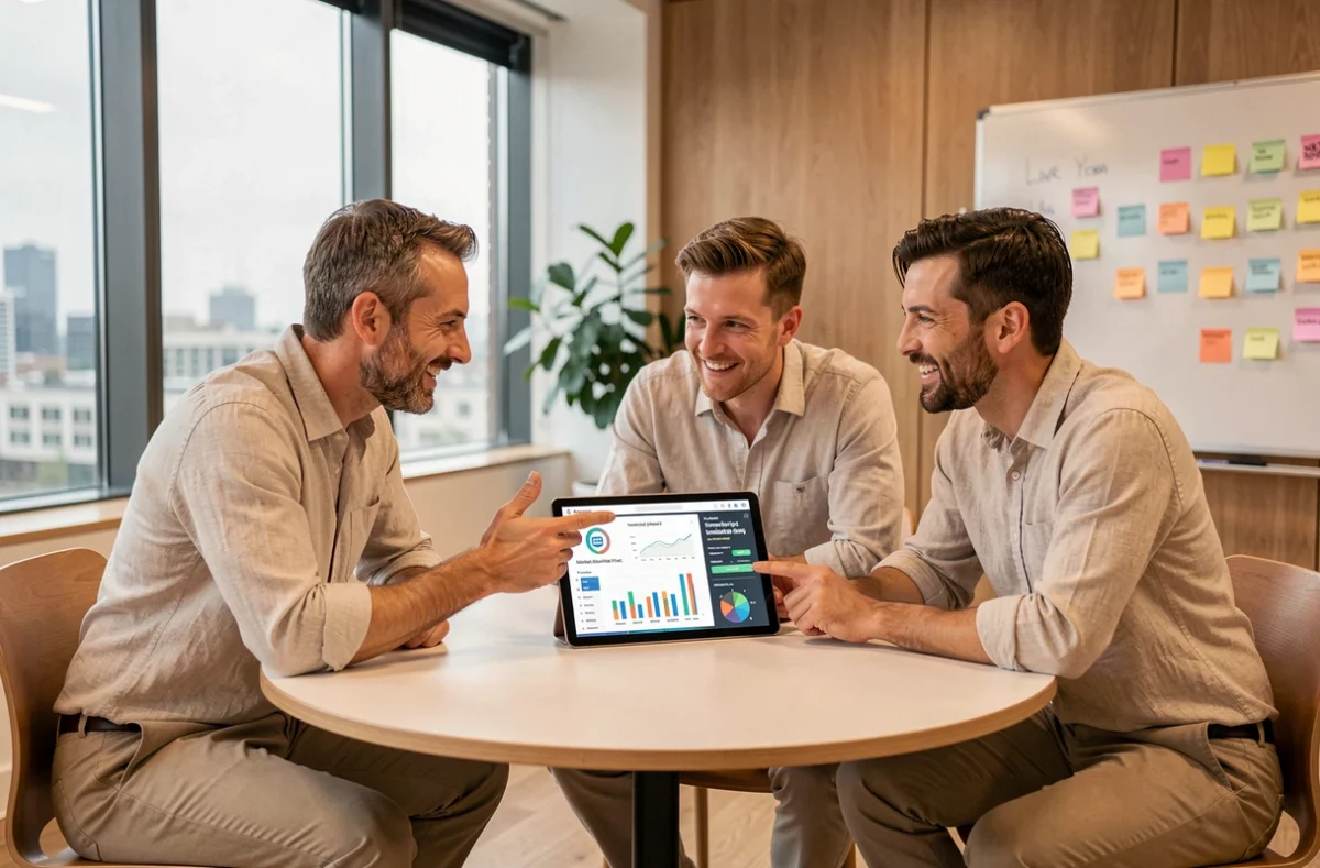 Groupe de professionnels analysant des tendances digitales et des données high-tech sur tablette lors d'une réunion en startup