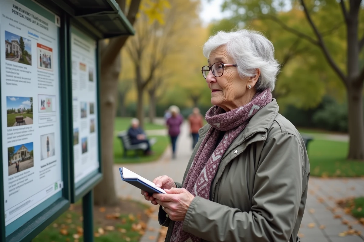 Femme senior lisant annonces dans un parc public