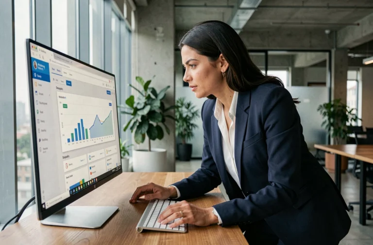 Une femme professionnelle analyse une stratégie web sur un écran dans un bureau moderne pour booster la visibilité de son entreprise