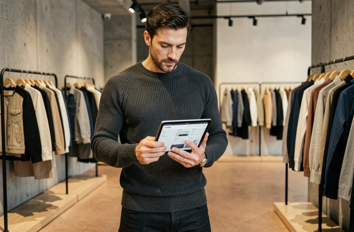 Homme consultant la structure de navigation d'un site de mode sur tablette dans un concept store contemporain