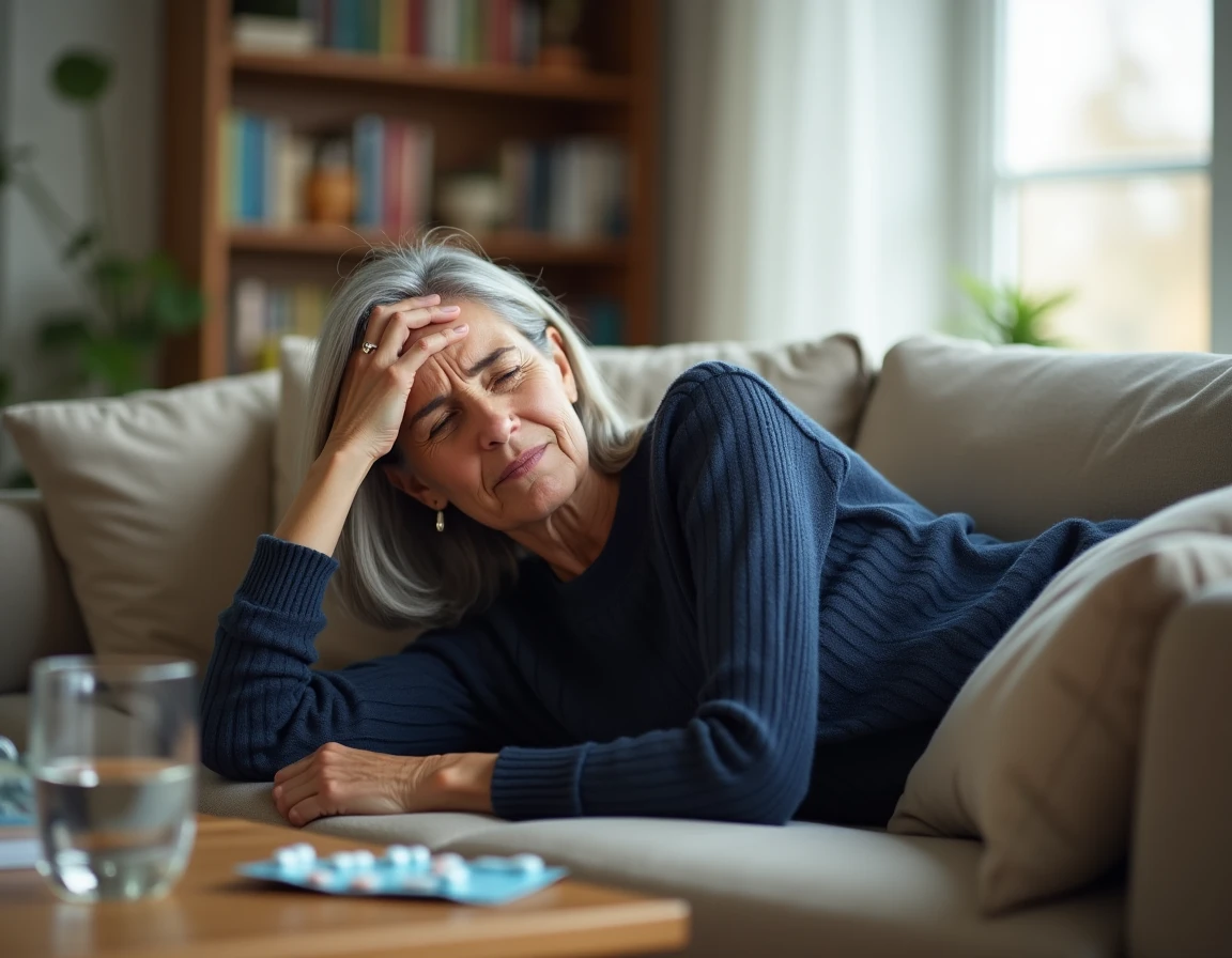 Femme fatiguée allongée sur un canapé avec des médicaments posés sur la table basse, illustrant les symptômes d'un surdosage de Levothyrox