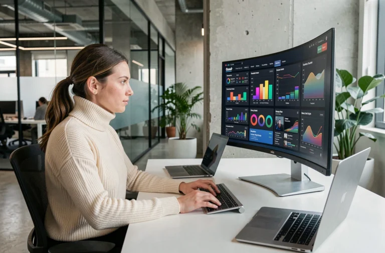 Femme professionnelle consultant les dernières tendances high-tech sur un écran ultrawide dans un bureau moderne