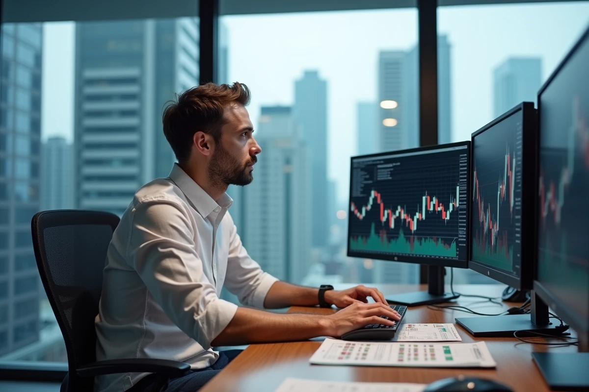 Trader professionnel analysant des graphiques boursiers sur plusieurs écrans dans un bureau moderne avec vue sur la ville