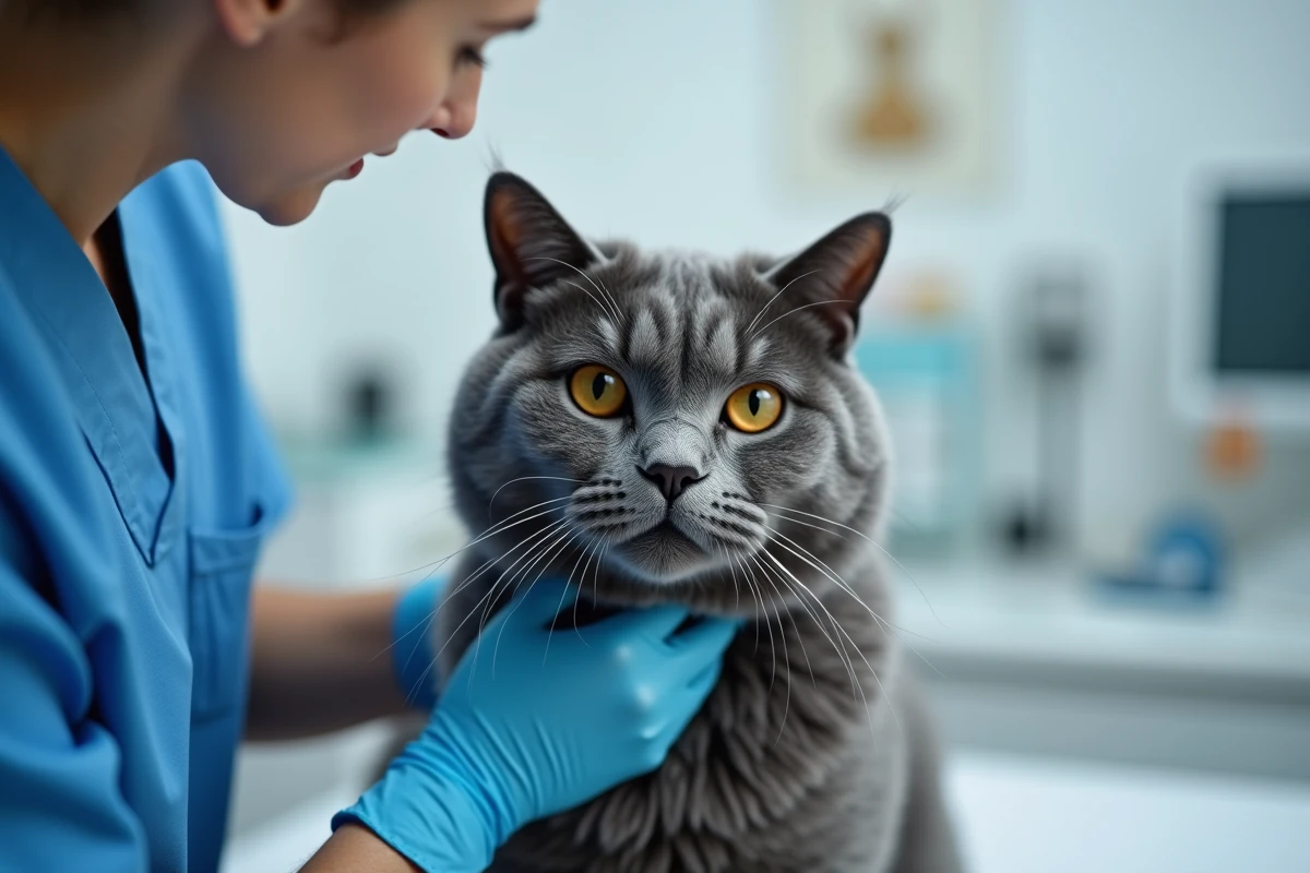 Vétérinaire examine un chat gris lors d