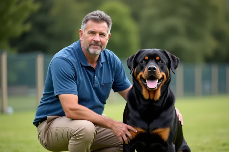 Vétérinaire adulte avec un rottweiler en extérieur