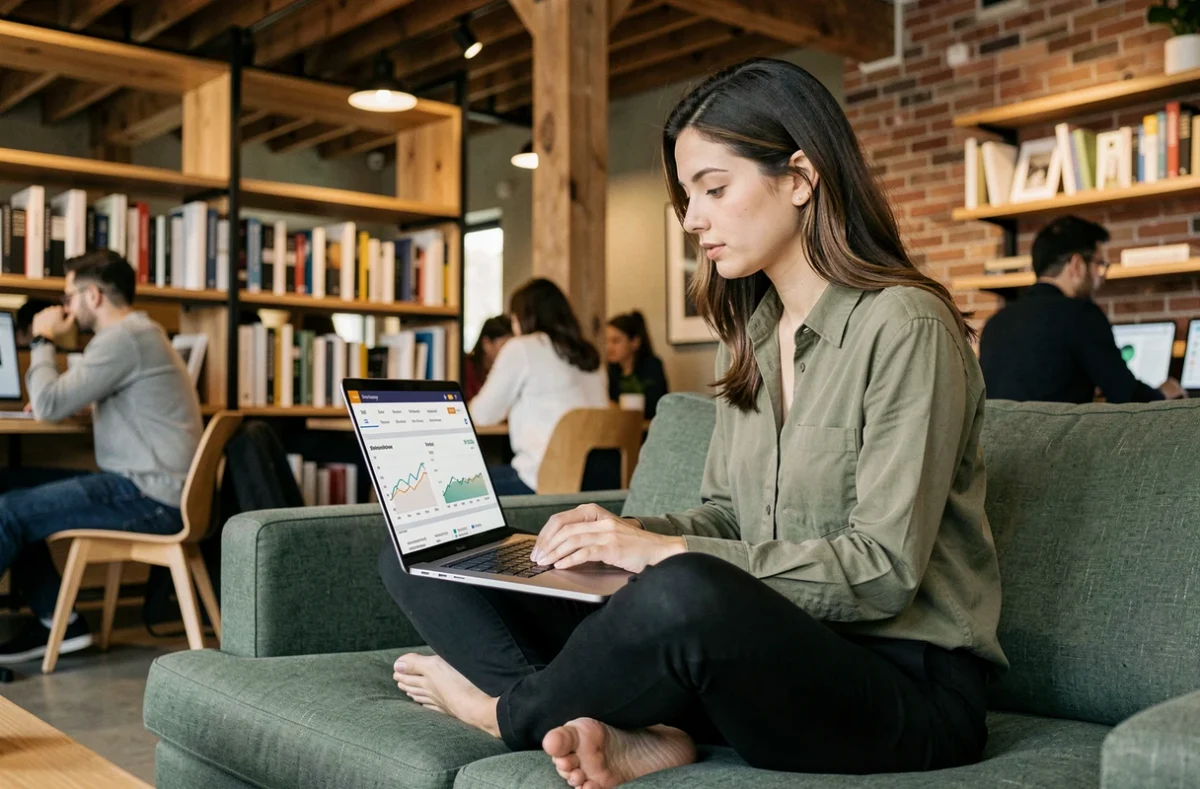 Une jeune femme travaille sur une stratégie de visibilité en ligne avec des analytics sur son ordinateur portable dans un espace de coworking